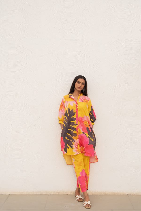 Yellow Floral Button-Down Tunic and Pants Co-ord Set — Silai studio