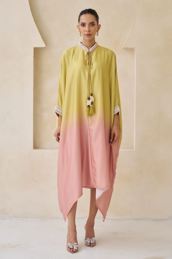 Ombre Satin Kaftan with Pearl Detail and Asymmetrical Hem — Sttavoss