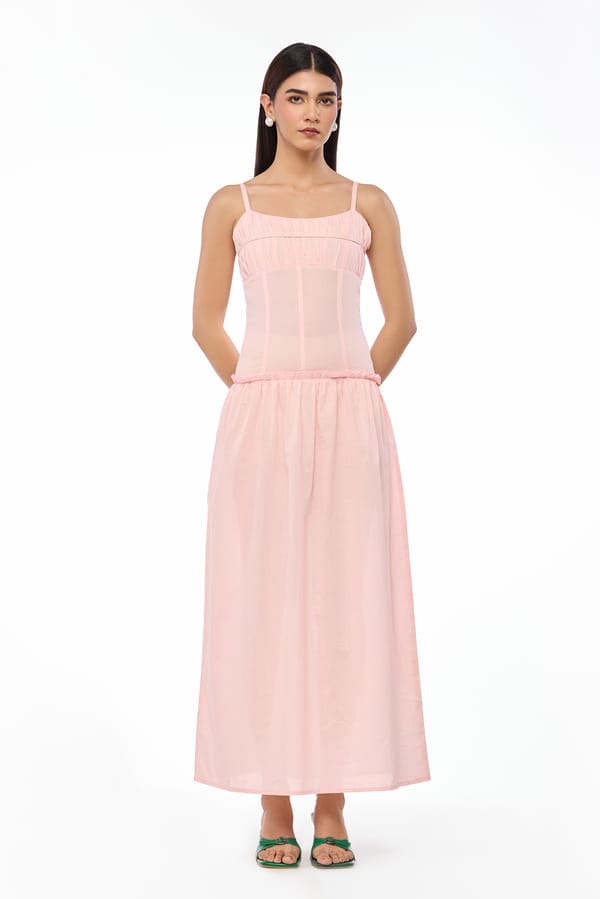 Soft Pink Ruched Bust Corset-Detail Maxi Dress — The Clothing Factory