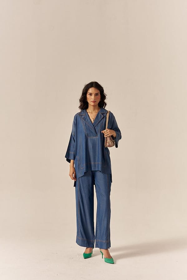 Blue Lapel Shirt and Flared Pants Co-ord Set — Spacelines