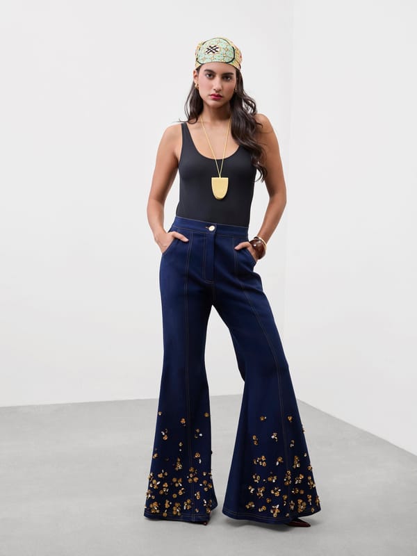 Dark Blue High-Waist Flared Jeans with Metallic Embroidery — MADISON