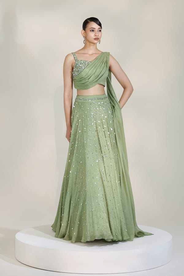 Sage Luxe Drape Lehenga — LIBAS CAFE