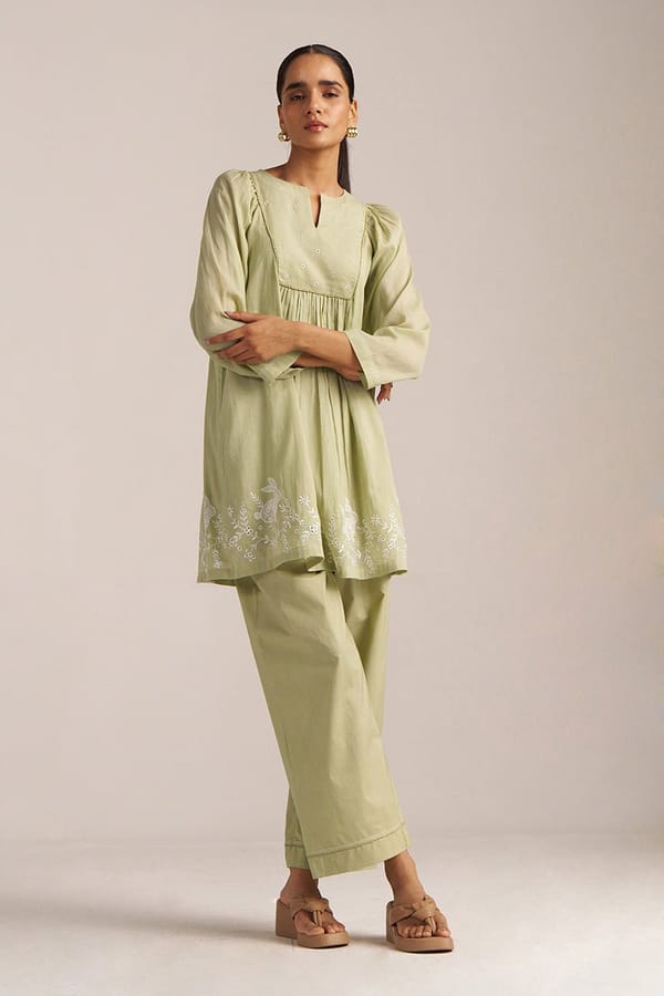 Sage Green Embroidered Kurta and Wide-Leg Pants Co-ord Set — Ganga Fashions Pvt Ltd