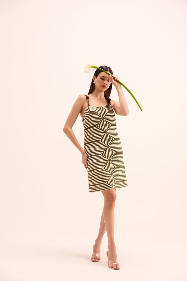 Olive Green Linen Ropework Knee-Length Straight Dress — Prink Tonic