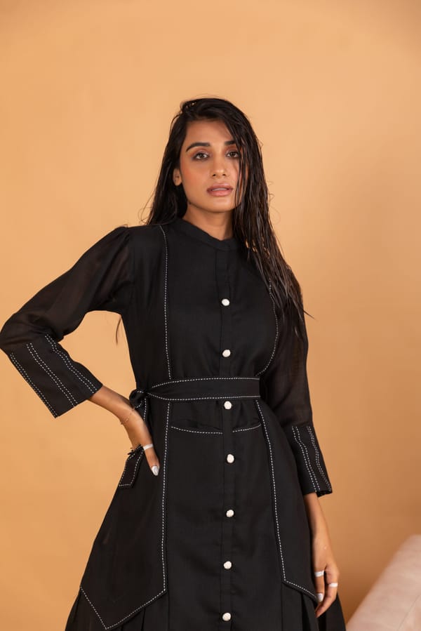 Black Belted Midi Shirt Dress with Contrast Stitching — Savaaya