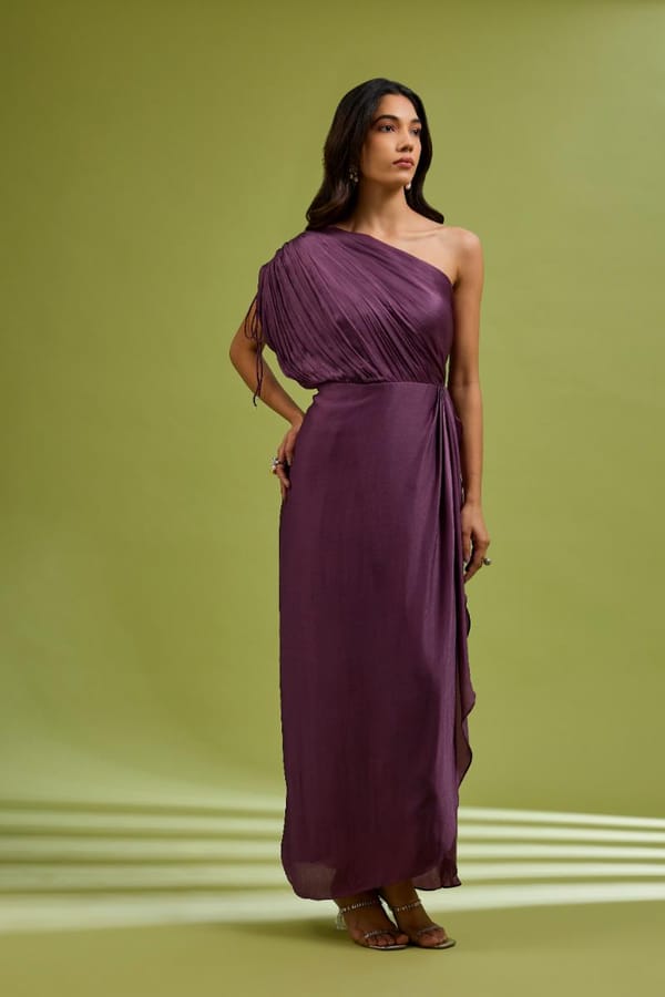 Mauve Cowl Drape Dress — EWOKE STUDIO