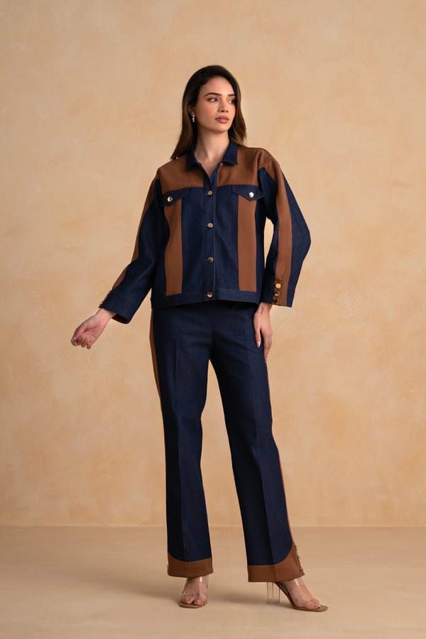 Indigo Denim and Tan Suede Colorblock Co-ord Set — Armoire