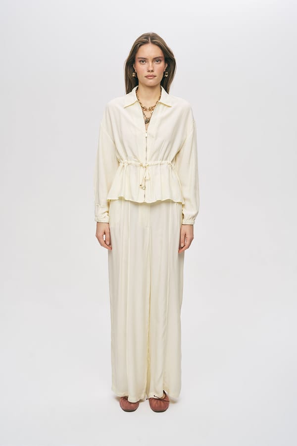 Cream Collared Zip-Front Drawstring Waist Top — THE LUXURY DRESSING