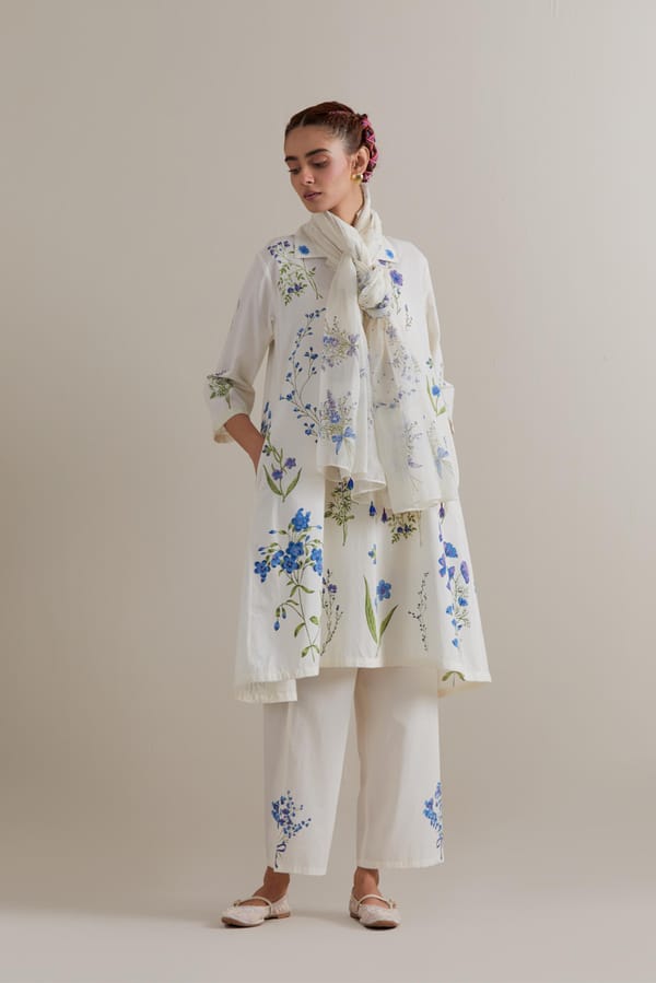 Off-White Floral Block Print A-Line Kurta Set with Dupatta — Upavita