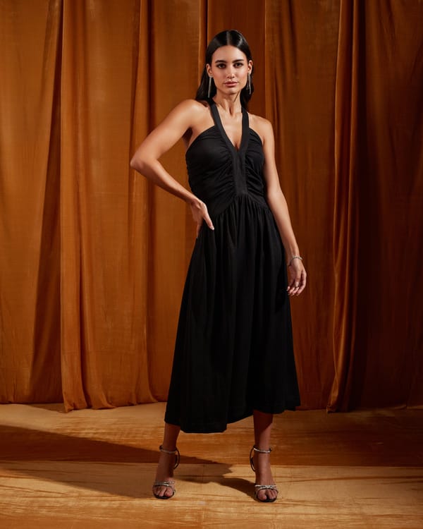 Black Ruched Halter Neck Midi Dress with Cross-Back Straps — Tara & I