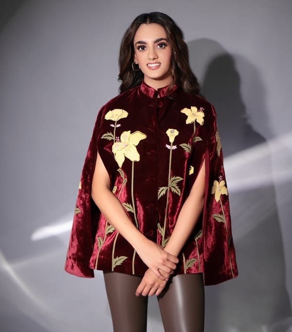 Red Velvet Cape Jacket with Floral Applique — RUCHIKA  MALLIKA LABEL