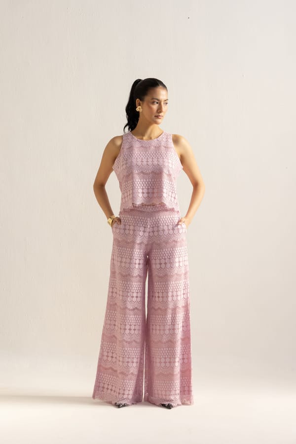 Blush Pink Lace Co-ord Set with Sleeveless Top and Wide-Leg Pants — Design By Queen Bee