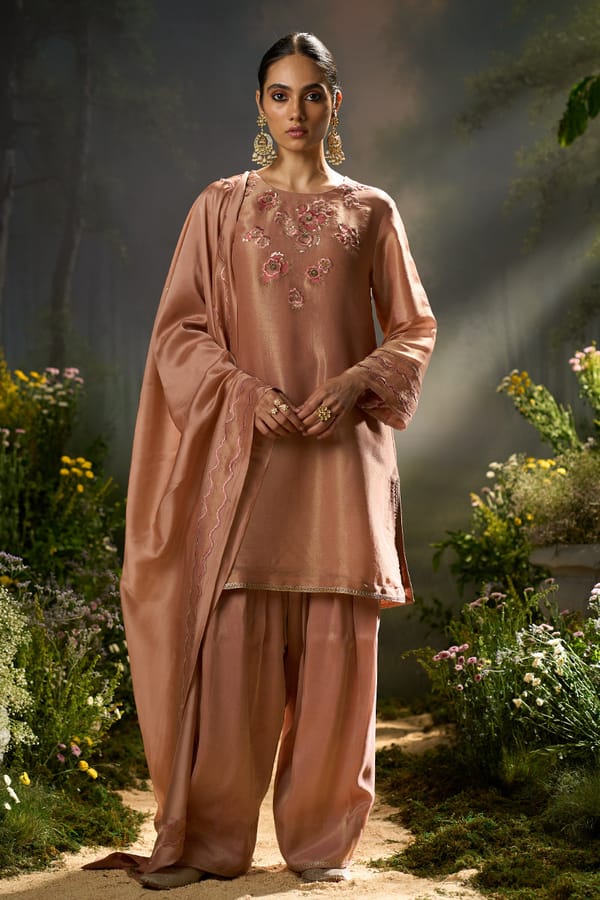 Pink Tissue Silk Embroidered Kurta Set with Dupatta — Ganga Fashions Pvt Ltd