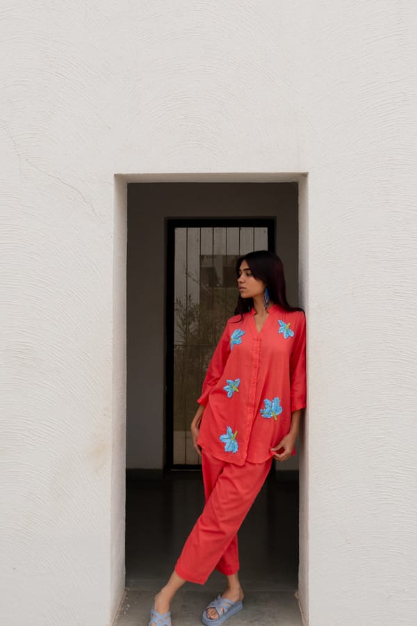 Coral Embroidered Co-ord — Silai studio