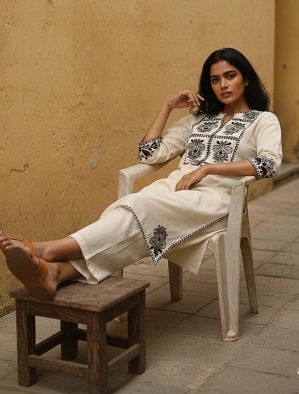 Off-White Embroidered Kurta and Pant Co-ord Set — Truebrowns