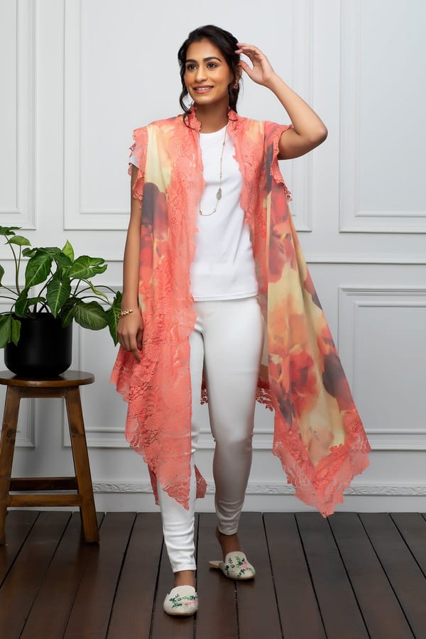 Rose Printed Cape with Lace Cutwork Border — Rhe-Ana