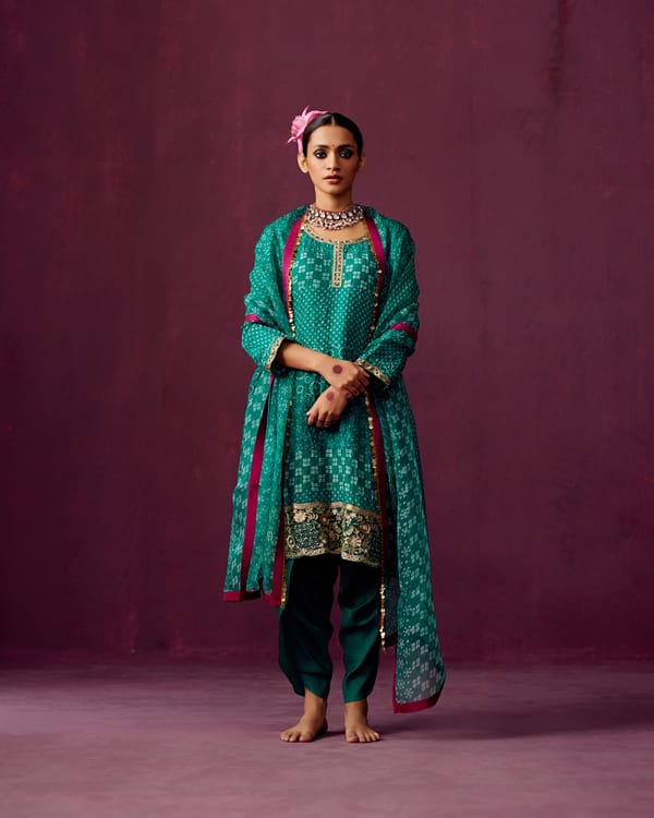 Emerald Green Bandhej Print Kurta Set with Dhoti and Dupatta — Pooja Singhal