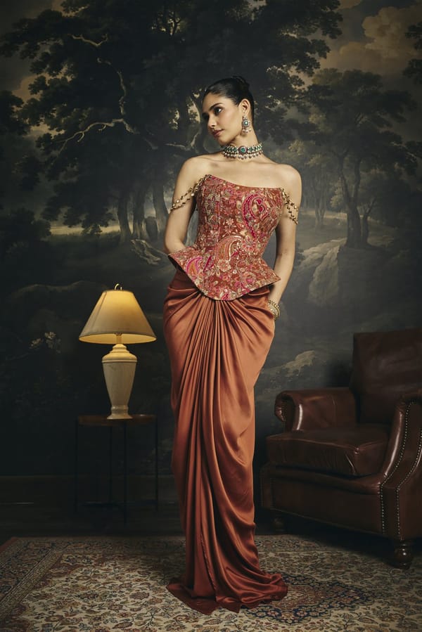 Rust Embroidered Corset and Drape Maxi Skirt Co-ord Set — Lea Clothing