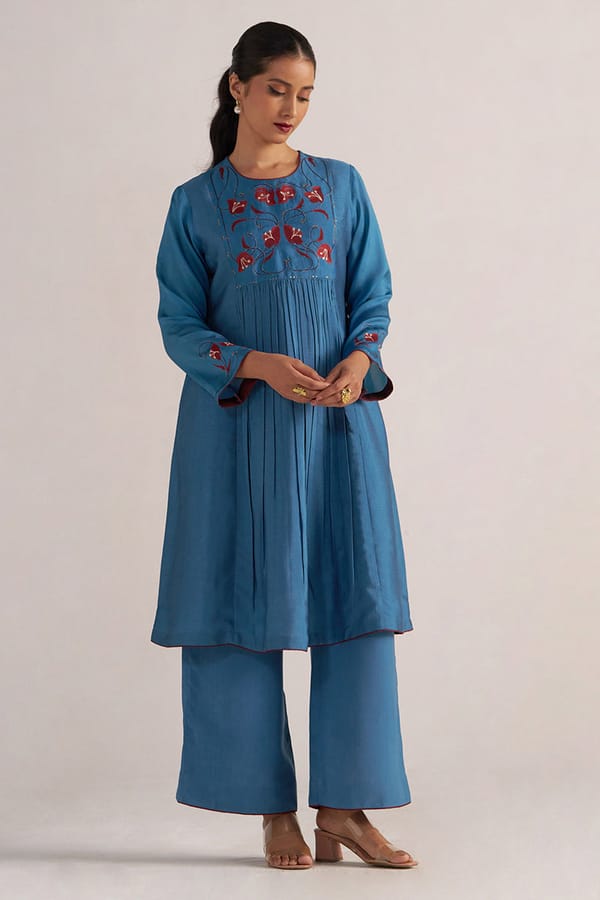 Blue Ashes Embroidered Yoke Co-ord Set with Wide-Leg Pants — Ganga Fashions Pvt Ltd
