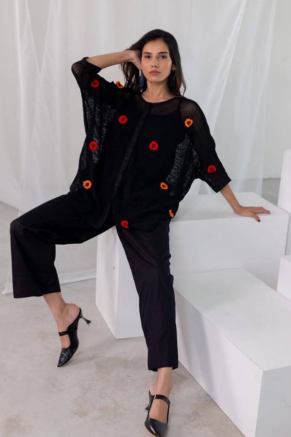 Blooming Black Mesh Top and Pants Set — Silai studio