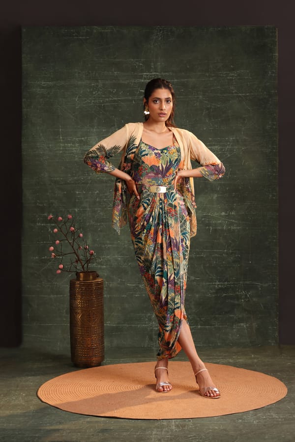 Beige Printed Drape Maxi Dress Set with Embellished Jacket — SOUP by Sougat Paul