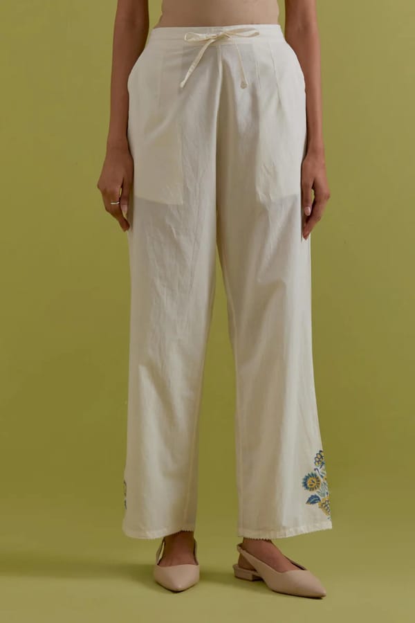 Off White Cotton Straight Pants — Upavita