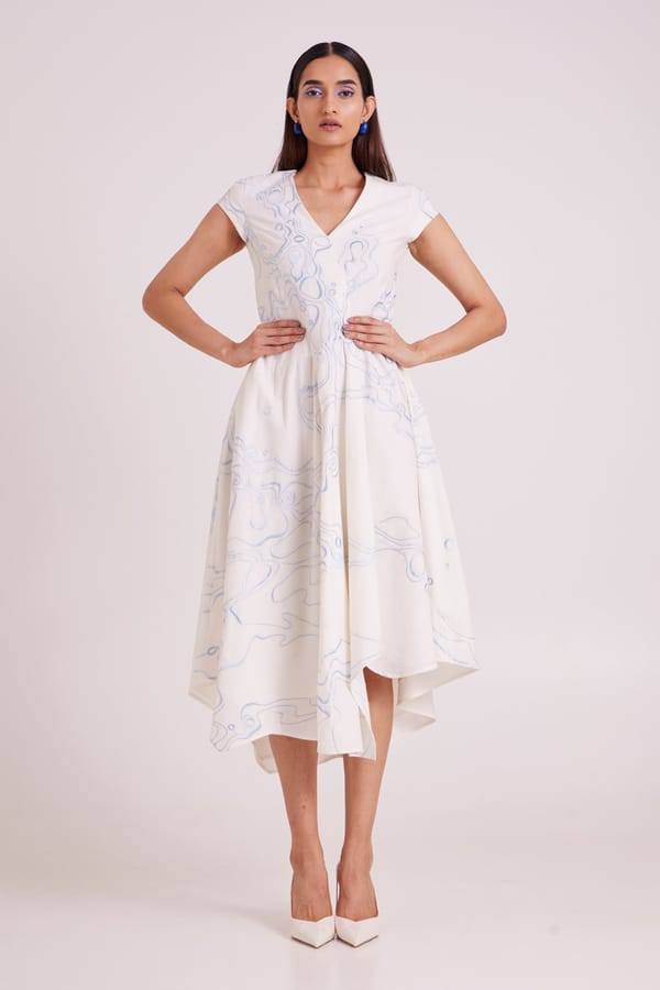 Ivory Abstract Print V-Neck Midi Dress with Pockets — Madder Much