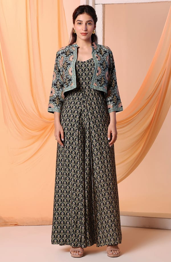 Printed Wide-Leg Jumpsuit and Cropped Jacket Co-ord Set — SOUP by Sougat Paul