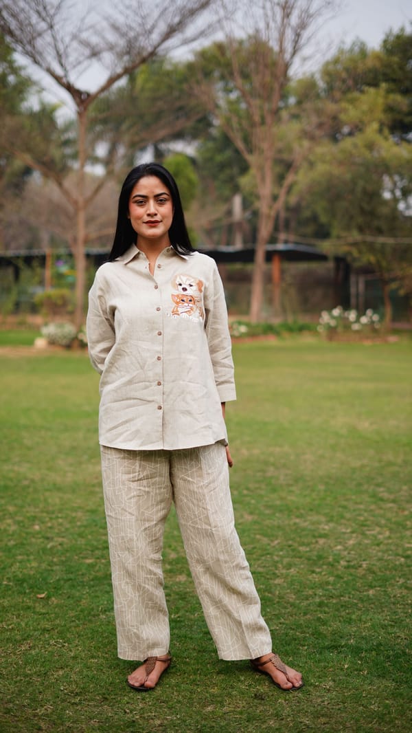 Beige Linen Shirt with Dog and Cat Embroidery — Linen Bloom