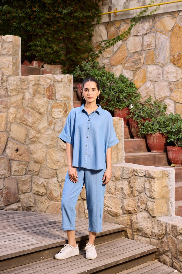 Light Wash Denim Shirt and Tapered Pants Co-ord Set — Eko Clothing