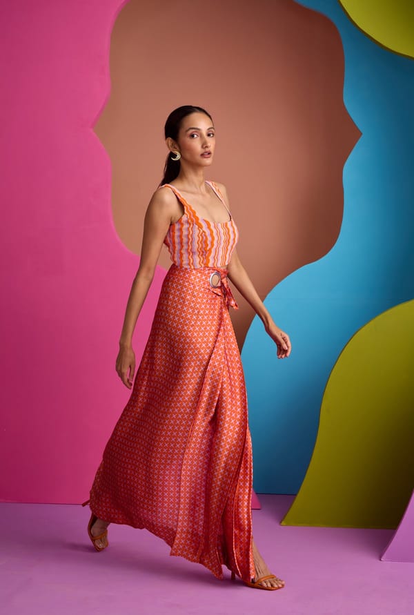 Orange Printed Crop Top and Maxi Wrap Skirt Co-ord Set — CUIN