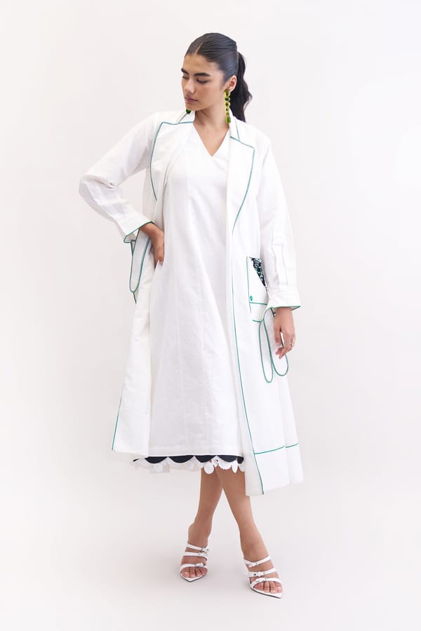 White Linen A-Line Midi Dress Set with Trench Jacket — Our Love