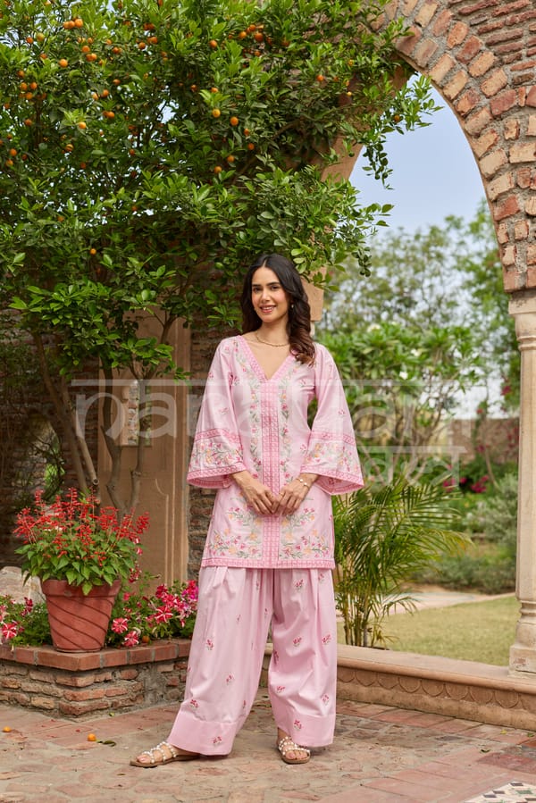 Pink Cotton Embroidered Kurta and Farshi Salwar Co-ord Set — NARAYANI VASTRA