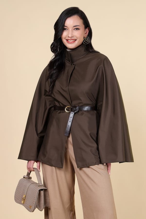 Bordo Brown High Neck Belted Cape-Sleeve Jacket — AYRISS