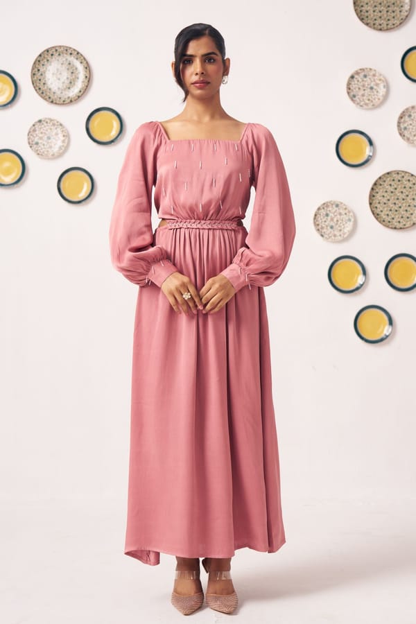 Pink Square Neck Fit and Flare Maxi Dress — Western Era