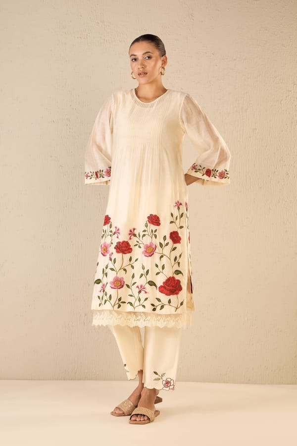 Gardenia Charm: Ivory Floral Embroidery Jaal Kurta — SHIVANI BHARGAVA