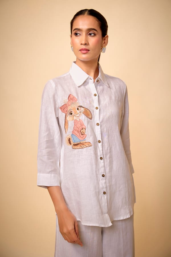 White Linen Relaxed-Fit Shirt with Front Embroidery — Linen Bloom