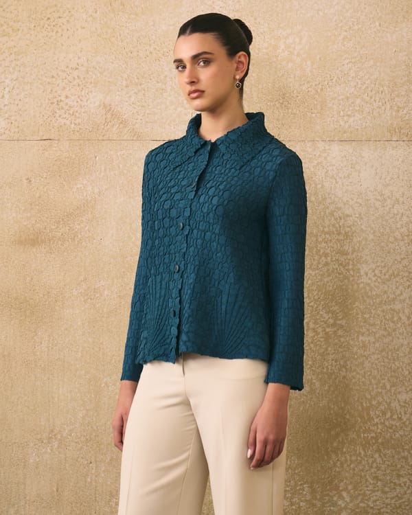 Blue Textured Button-Down Shirt with Collar — Pleats by Aruni