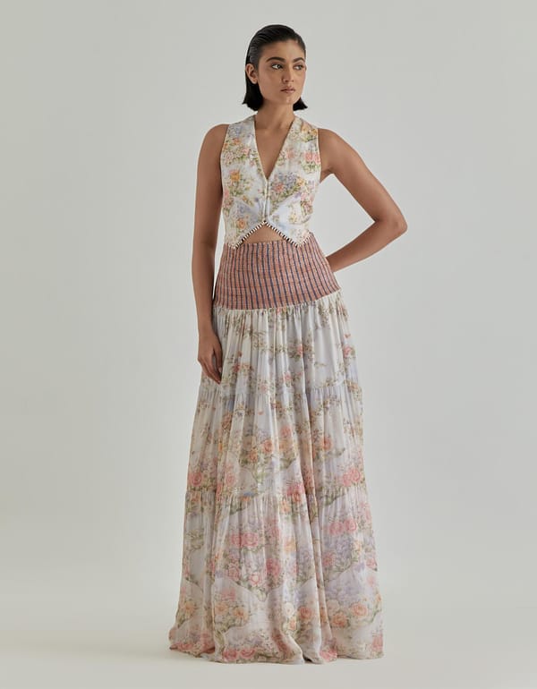 Ivory Jardin Flou Skirt And Waist Coat Set — Kavita Bhartia