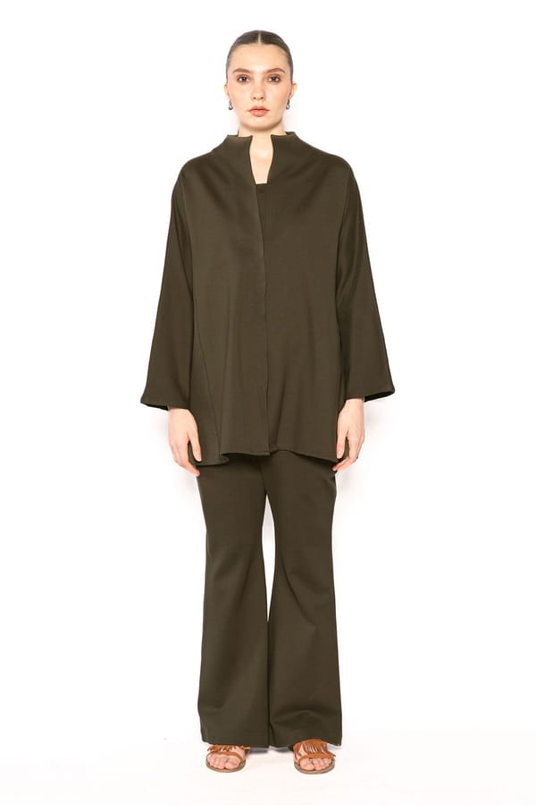 Olive Green Longline Zip-Front Jacket with Mandarin Collar — Contemponari