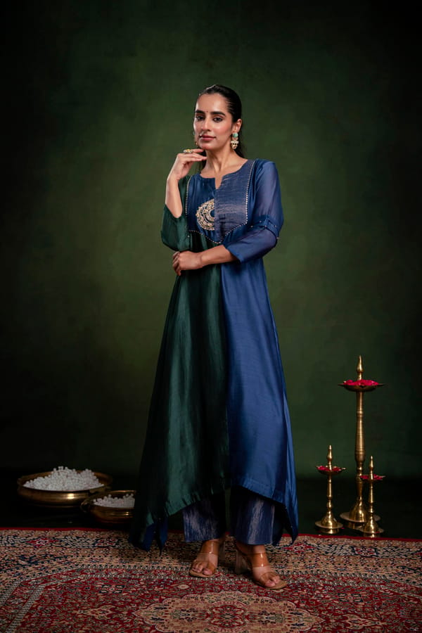 Gulabik Blue/Green Asymmetrical Kurta Set — Gulabik