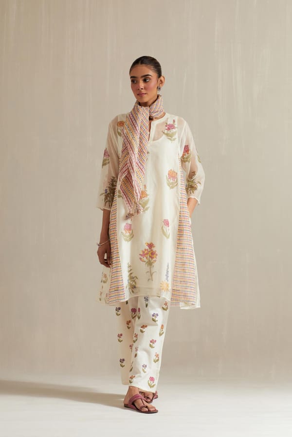 Off White Cotton Chanderi Short Kalidar Kurta Set — Upavita
