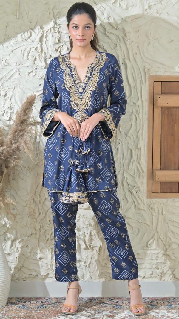 Blue Bandhej Embroidered Co-ord — Kylee Fashions