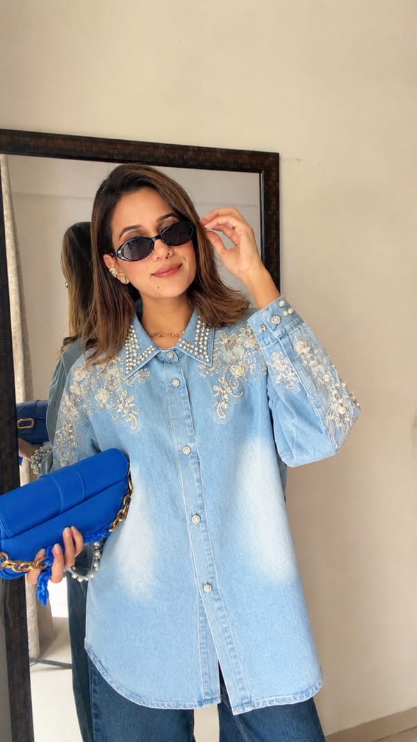 Ice Blue Embroidered Denim Shirt — CLOSET AFFAIR