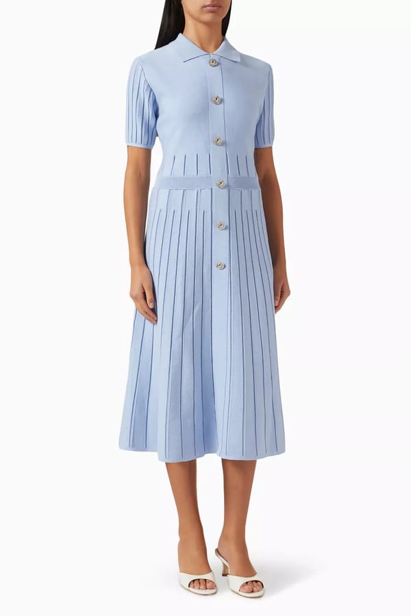 Blue Collared Button-Front Striped Knit Midi Dress — NOTEBOOK