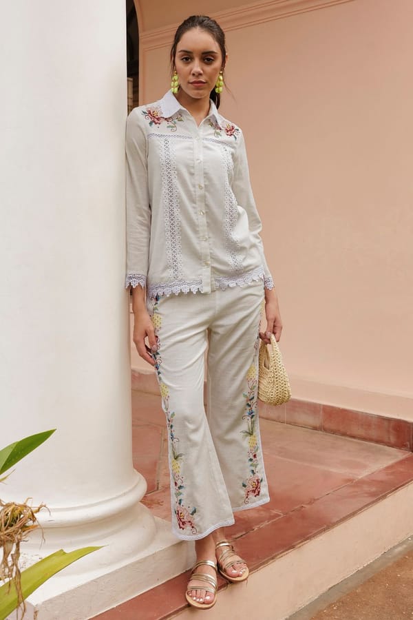 White Cotton-Linen Embroidered Shirt and Pants Co-ord Set — BOHO-CHIC