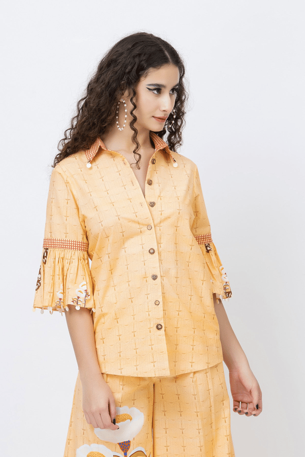 Orange Printed Cotton Shirt with Statement 3/4 Sleeves — Jungle Marigold