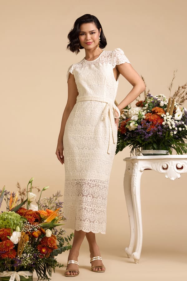 White Stretch Lace Midi Dress with Side Tie Belt — AVERIE