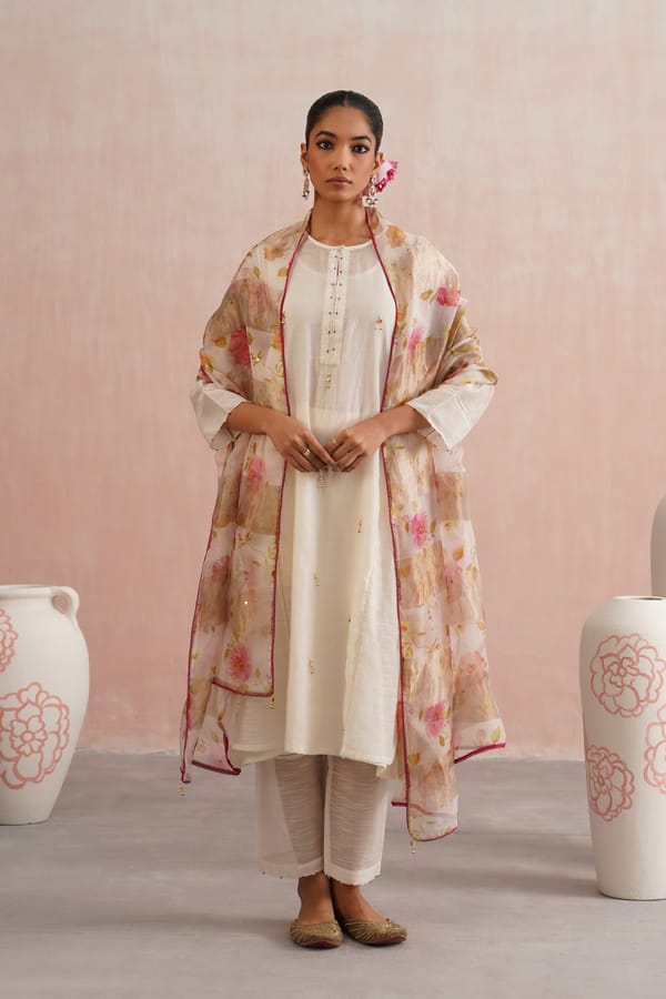 Ivory Kalidar Kurta Set with Embroidered Dupatta — UGNA