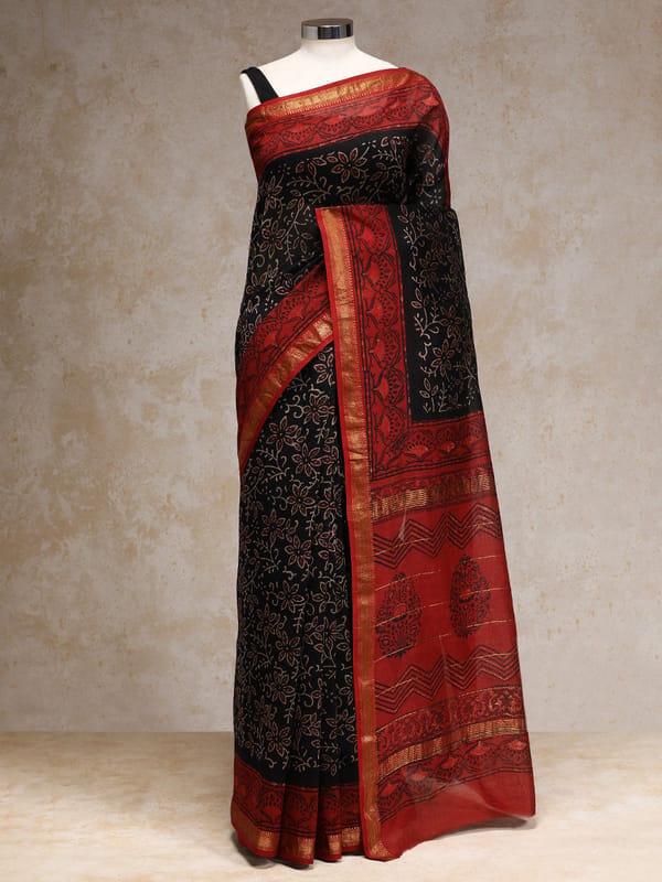 Black Floral Handblock Ajrakh Printed Maheshwari — BINKS